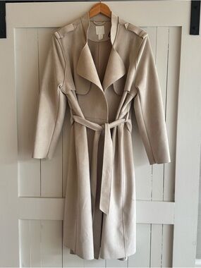 H and M Beige faux suede Belted Trench Coat Sz L